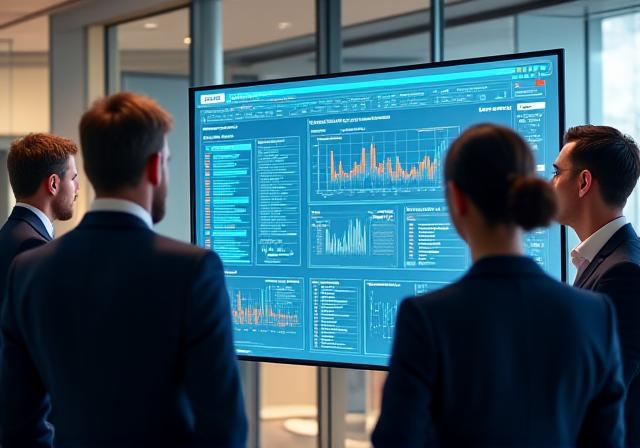 Team professionale analizza dashboard AI in una sala riunioni moderna